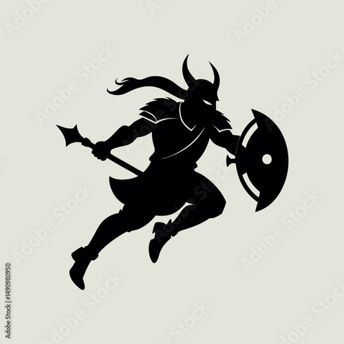 Silhouette Viking warrior with shield design on isolated