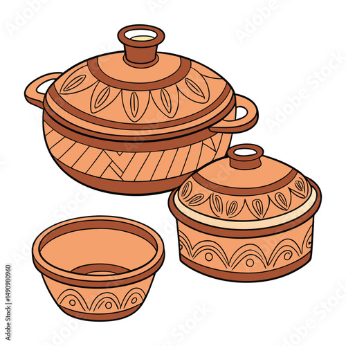 A set of clay cooking pots with white background