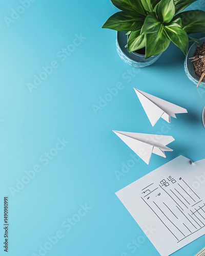 Creative workspace with paper airplanes, plants, and a project plan on a blue desk