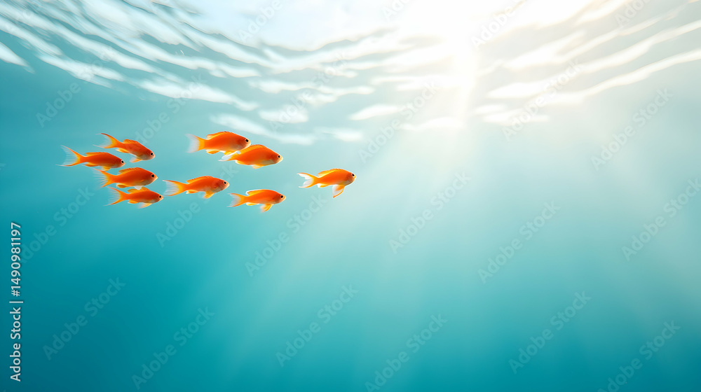 Fototapeta premium Underwater School of Orange Fish Swimming in Sunlight