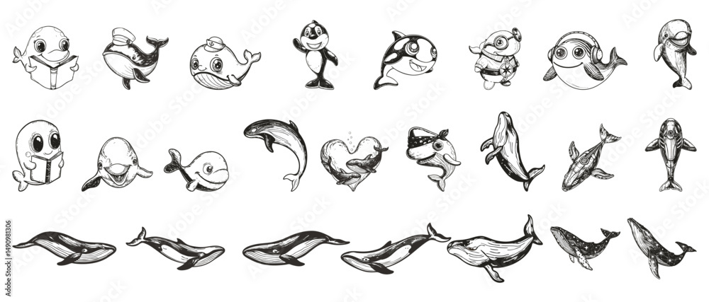 Naklejka premium Cute Cartoon Whales and Dolphins Sketch Set - 24 Playful Marine Mammal Illustrations in Doodle Style
