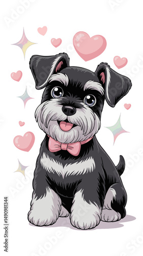 A kawaii-style illustration of a black Miniature
Schnauzer cheerfully seated against a crisp white background