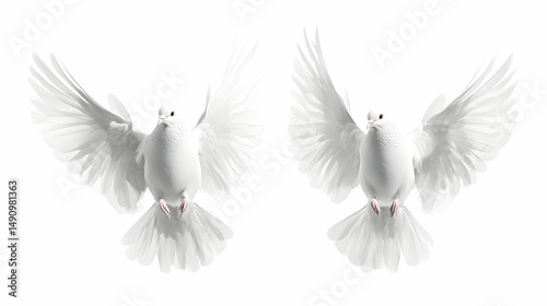 Two White Doves in Flight Against a White Background