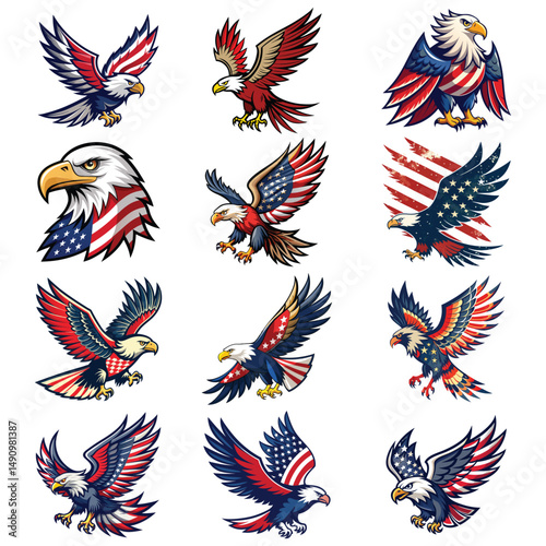 Majestic American Eagle Clipart Set - 12 Patriotic Eagle Illustrations with US Flag Designs