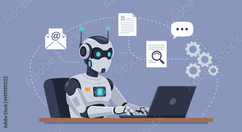 A futuristic robot with glowing blue elements sits at a desk, working on a laptop. Surrounding it are interconnected digital icons representing email, document processing, automation, communication, a