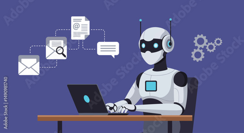 A futuristic robot with glowing blue elements sits at a desk, working on a laptop. Surrounding it are interconnected digital icons representing email, document processing, automation, communication, a