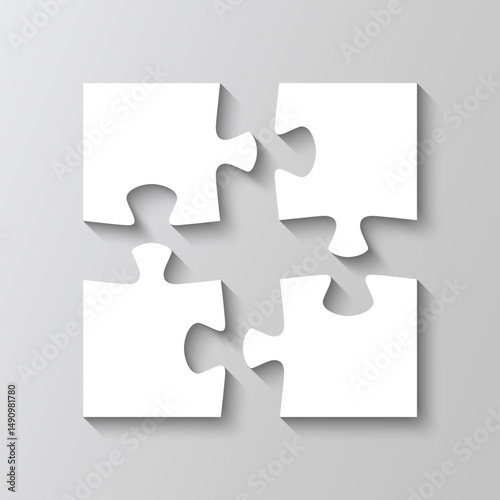 Simple puzzle mosaic background with separate shapes. Jigsaw pieces square grid. Puzzle scheme for thinking game. Cutting template with 4 details. Frame tiles. Vector illustration.