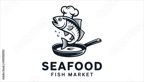 Seafood Fish Market Logo with Chef Hat Fish in Frying Pan for Restaurant and Culinary Branding