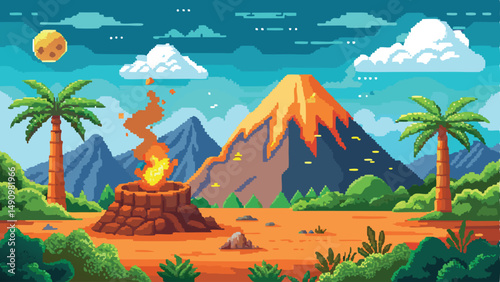 Pixelated landscape with volcanic eruption campfire palm trees and tropical island scene