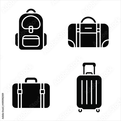 Travel Bag Icon Set with Backpack, Suitcase, Briefcase, and Duffle Bag for Tourism and Vacation Design