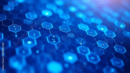 Intricate blue hexagonal tech background with subtle shimmering light, creating a modern and futuristic feel, perfect for digital designs and tech presentations.