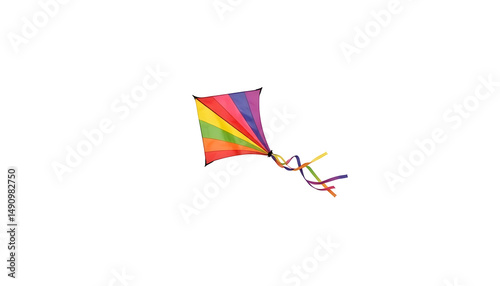 Colorful Rainbow Kite Flying on Pure White Background with Tail