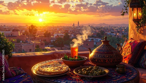 Tagine meal on a rooftop terrace overlooking Marrakech, with a steaming