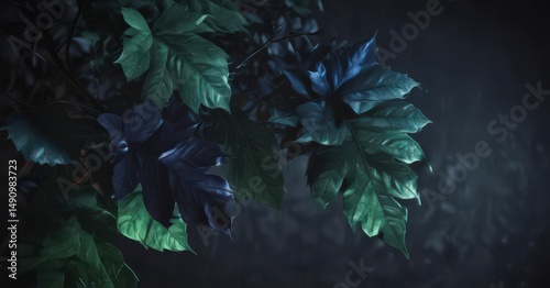Deep emerald and indigo leaves, dramatic light and shadow play , darkness, dark, graphics