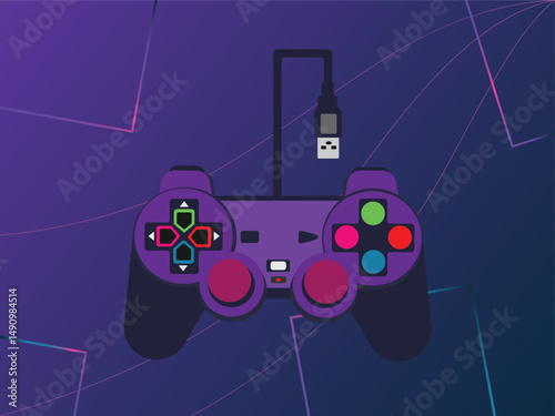 Flat illustration of a modern purple game controller with colorful accents, connected with a USB cable, on a futuristic abstract background.