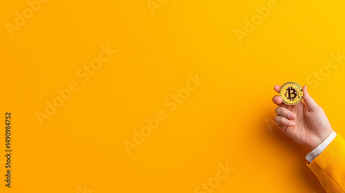 Hand Holding Bitcoin on Yellow Background