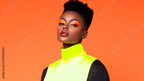 Portrait of a Young Woman with Neon Makeup and Clothing