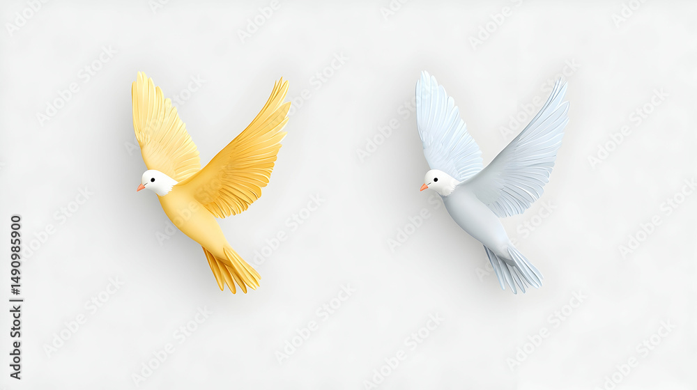 Fototapeta premium Two Doves in Flight: Gold and Silver Birds on White Background