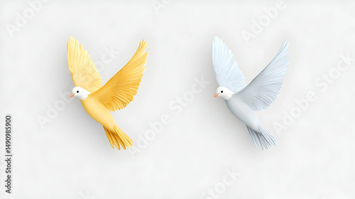 Two Doves in Flight: Gold and Silver Birds on White Background