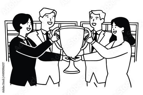 Business team holding trophy after success. Corporate celebration vector art