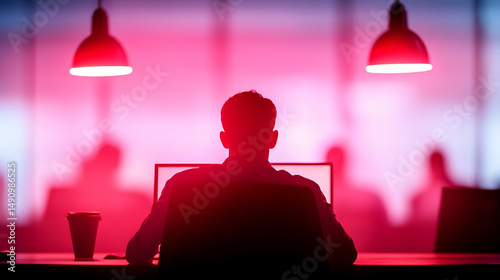 Silhouette of Man Working at Computer in Red Lit Office at Night