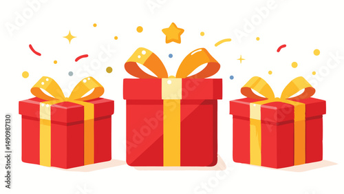 Three red gift boxes with yellow bows and decorative confetti for celebrations