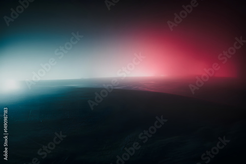 A minimalist abstract digital art piece with a gradient background transitioning from deep teal blue on the left to bright white in the center, and then to a deep red on the right. The image has a smo photo