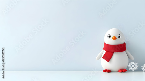 Cute White Penguin with Red Scarf in Snowy Winter Scene