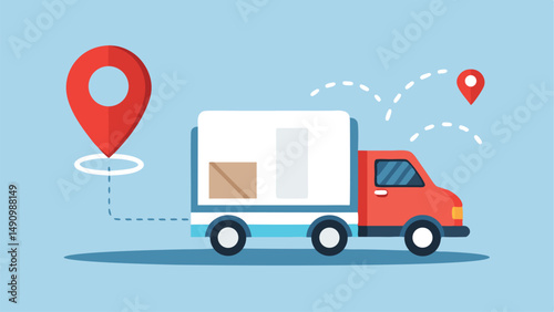 Vector illustration of a delivery truck with location pin and tracking icon on blue
