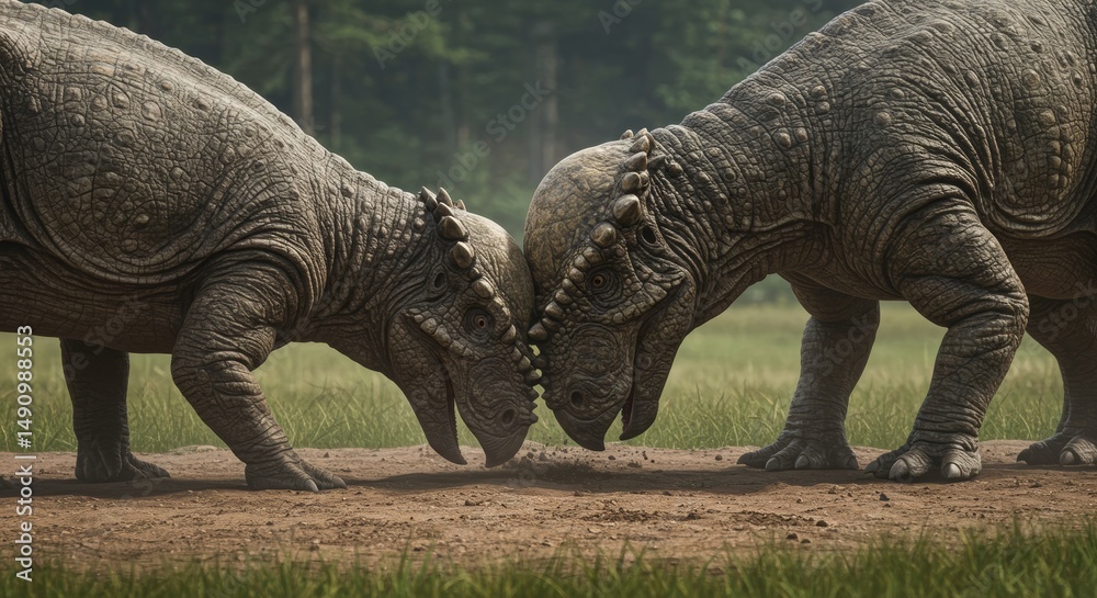 Fototapeta premium Majestic Pachysaurus Confrontation Displaying Ancient Power and Dominance