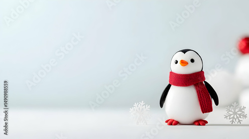 Adorable White Penguin Figurine with Red Scarf in Snowy Winter Scene
