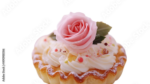 A delicate tart topped with creamy swirls and a pastel rose a sweet symbol of romance and on transparent background