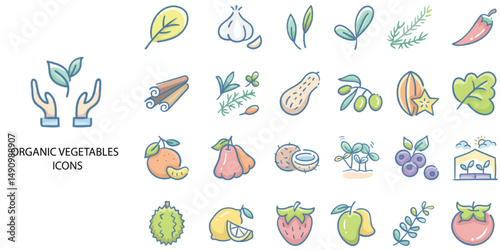 Organic Vegetables simple concept 24 hand drawn color icons set .Vector illustration.