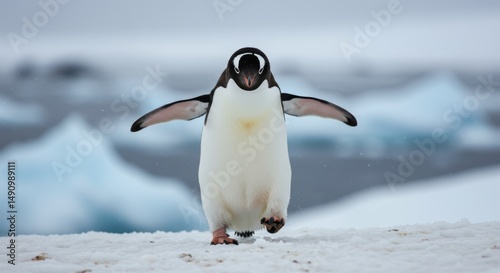 Delightful gentoo penguin prancing joyfully across the antarctic snow landscape photo