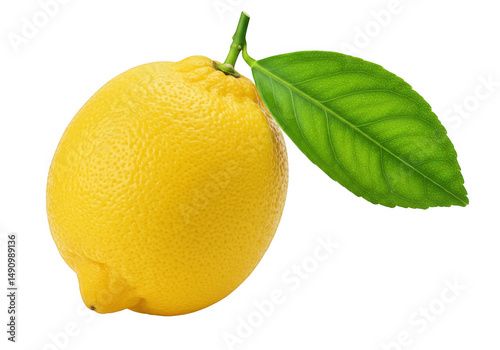 Fresh lemon fruit with leaf isolated on transparent background