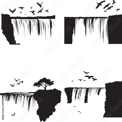 Silhouette Water Falls mist Rising birds flying vector