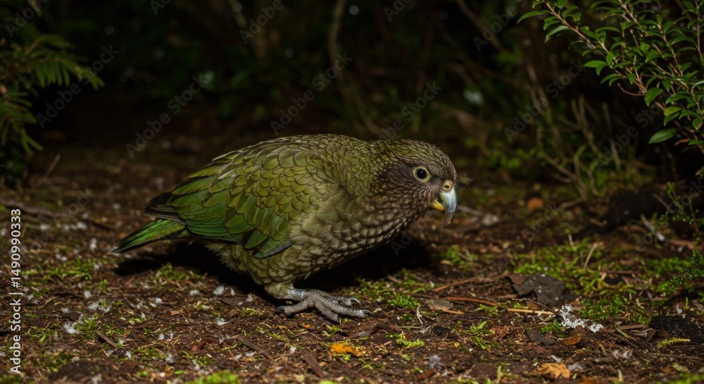 Obraz premium Close-up of a curious Kea bird in its natural forest habitat during daytime