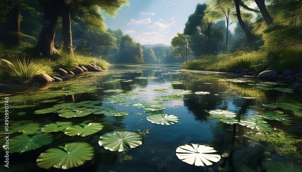 Fototapeta premium tranquil river scene with lily pads floating on water surrounded by lush greenery and distant trees