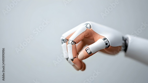 Closeup of a White Robotic Hand Against a Grey Background