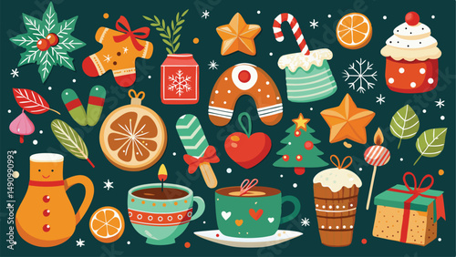 Whimsical christmas holiday decorations and food elements arranged on dark green background