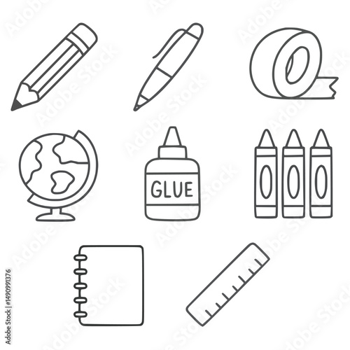 Set of eight school and stationery item icons including pencil, pen, tape, globe, glue, crayons, notebook, and ruler, all depicted in a clean minimal line art style. Concept of education, study tools 