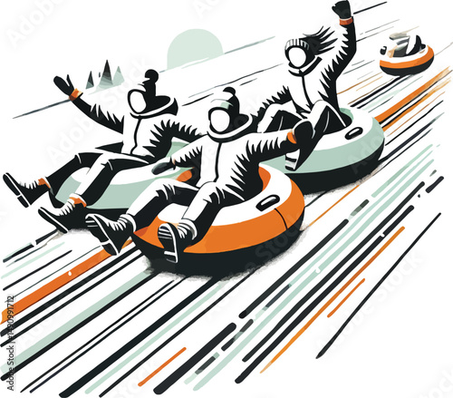 Winter fun illustration featuring people tubing down a snowy hill in bold graphic style