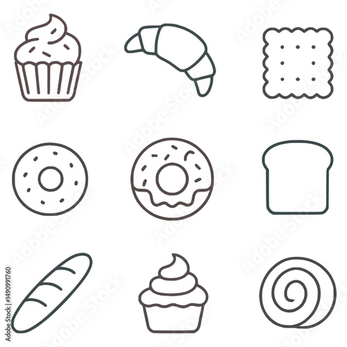 Outline illustration set of nine bakery items including cupcake, croissant, biscuit, donut, toast, baguette, cinnamon roll, designed in clean black line art. Concept of baking, pastry ,sweet food.