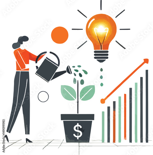 Person nurturing growth of financial investment with idea generation and increasing profits
