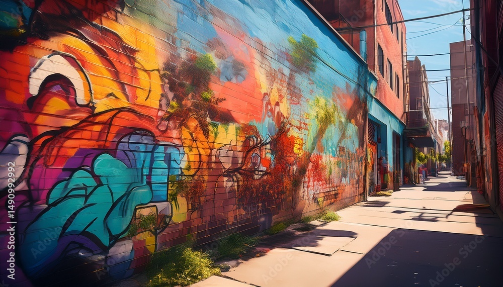 Obraz premium urban street art colorful street art on weathered wall in city alley under sunlight with room for text