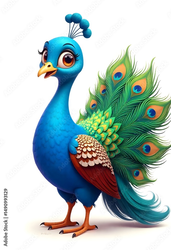 Obraz premium Cute cartoon peacock with colorful feathers and big eyes high resolution image