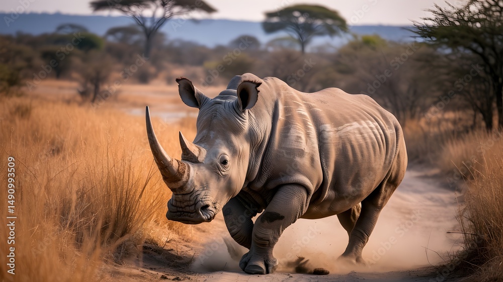 Fototapeta premium A rhinoceros walking gracefully along a path in the wilderness, with a beautiful landscape.