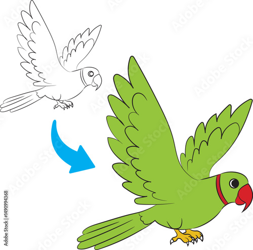 Cute Parrot Cartoon Outline and Coloring Illustration Isolated on White Background