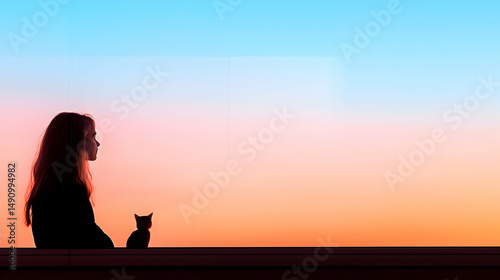 Silhouette of Girl and Cat at Sunset