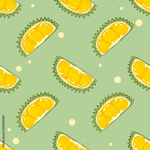 Seamless pattern vector illustration with cute durian pieces and whole fruit, the king of fruits, with thorns in a fun, colorful style. Suitable for fabric, packaging and summer related works.